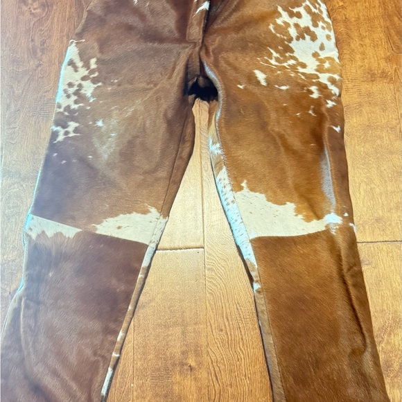 Straight Leg Cowhide Leather Print Pants in Brown & White